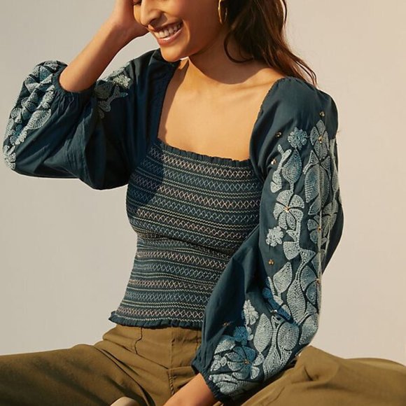 Anthropologie Smocked Embroidered Top - Picture 1 of 6